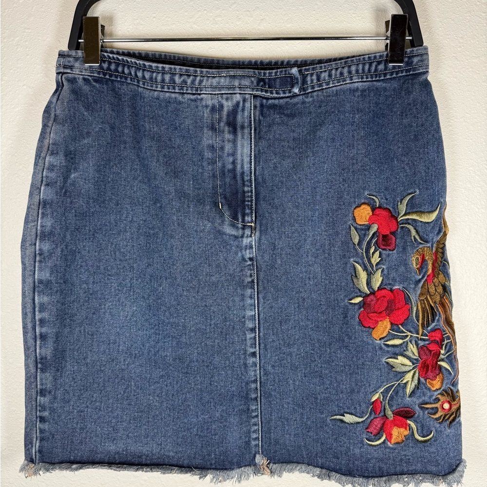 Vintage Embroidered Floral Bird Denim Mini Skirt Womens 8 NY Jeans Co